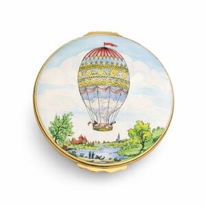 Halcyon Days Enamel Trinket Box – Montgolfière Balloon Scene & Royal Emblem